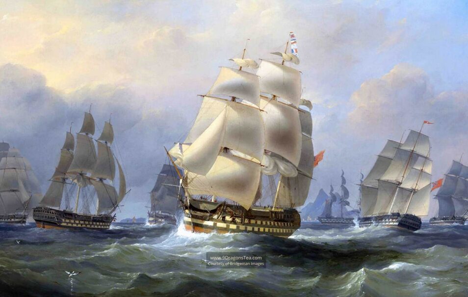historical painting How Tea Came to England british ships in china sea