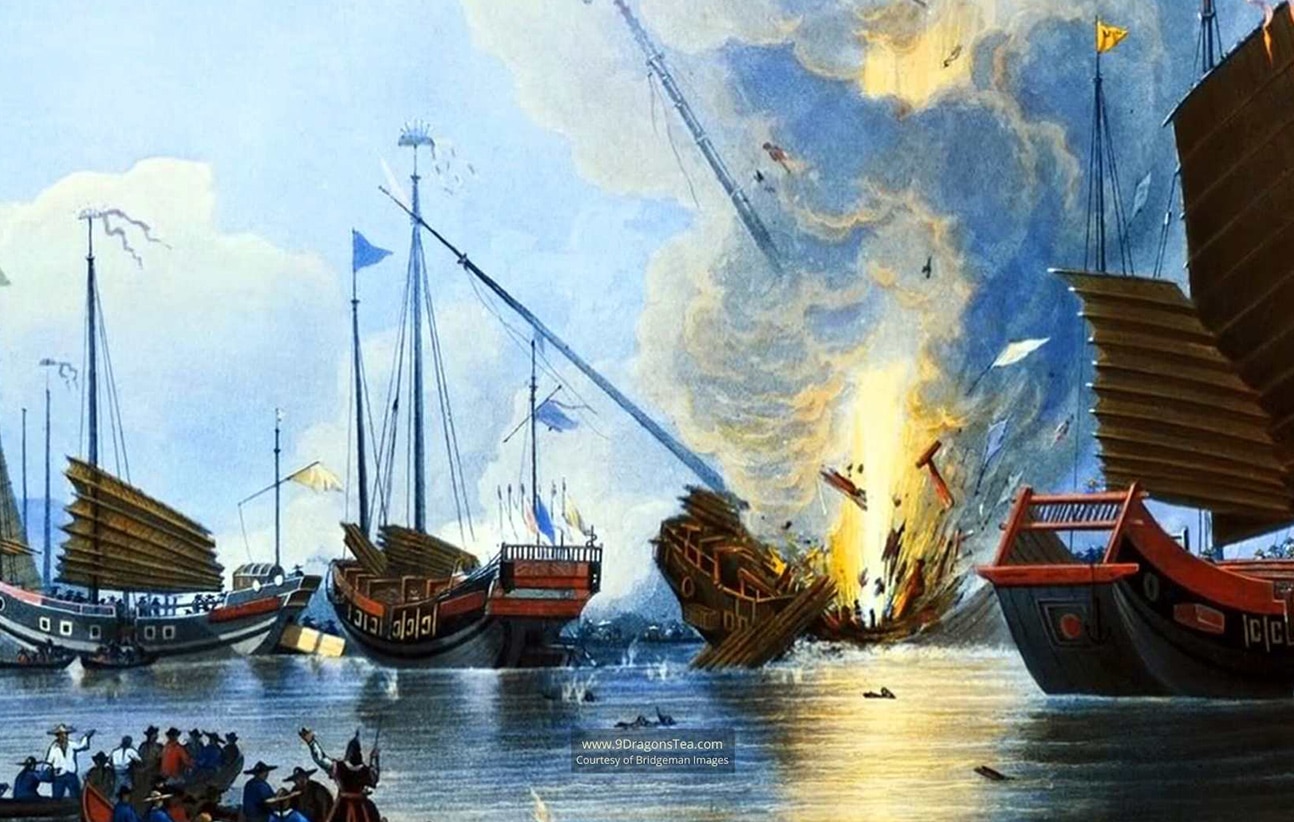 historical painting How Tea Came to England chinese junk boats on fire opium war