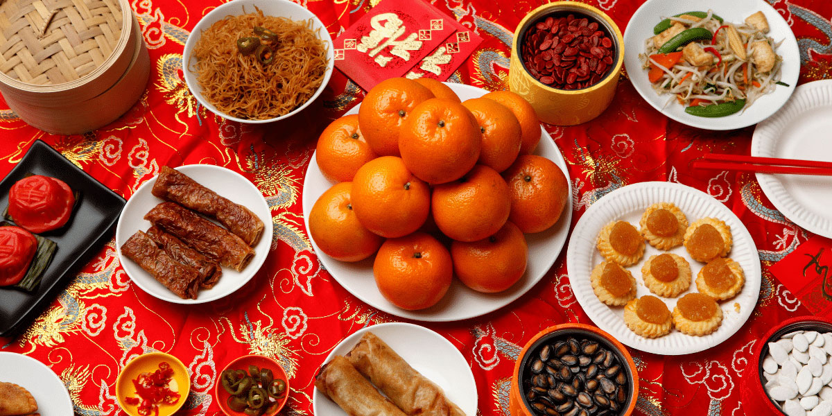 9 dragons tea - cny - Chinese lucky foods-tangerines, spring rolls, veggie dish