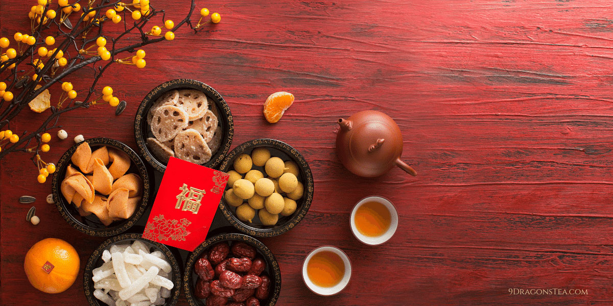 https://9DragonsTea.com Chinese New Year Lai See Red Pocket with teapot-tea-fortune cookies-tangerines 9 dragons tea chinese new year lai see red pocket with teapot-tea-fortune cookies-tangerines