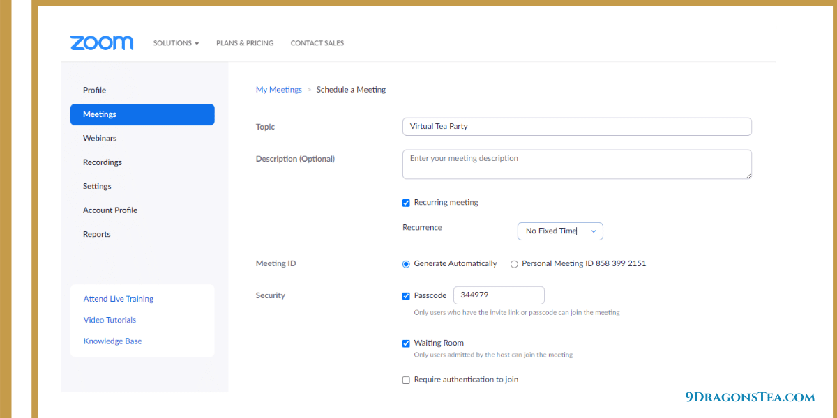 how to host a virtual tea party-Zoom meeting set up-step3-recurring