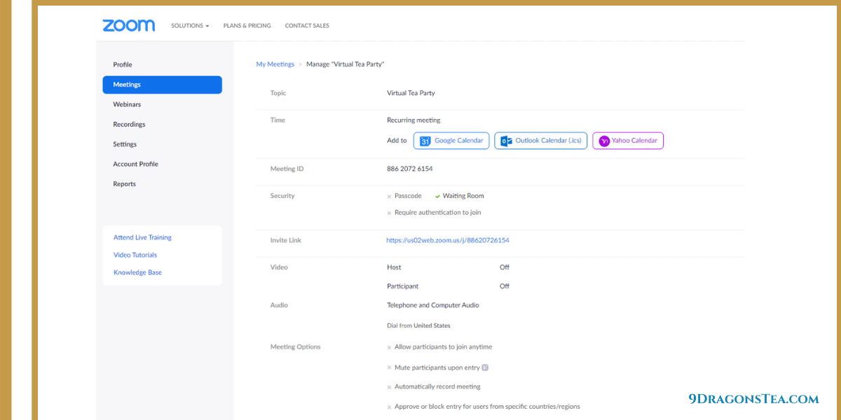 how to host a virtual tea party-Zoom meeting set up invite link