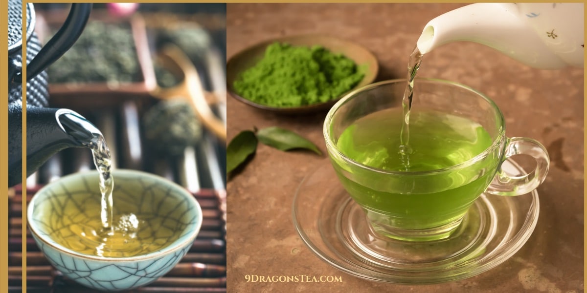 green teas-Chinese green tea pouring into cup-Japanese matcha green tea pouring into cup