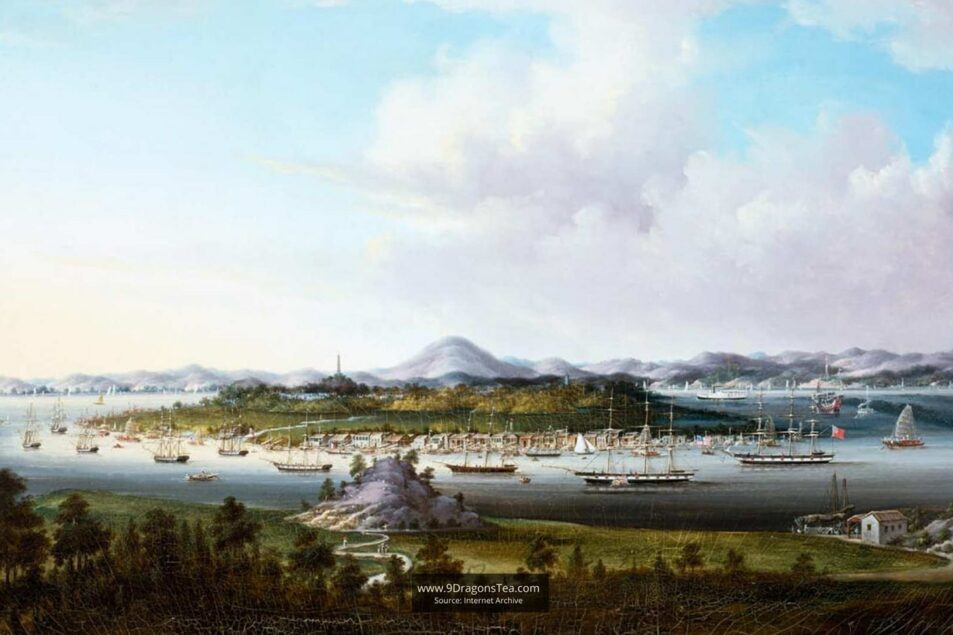Chinese tea history historical painting tea trade canton guangzhou harbor c1850 by sunqua