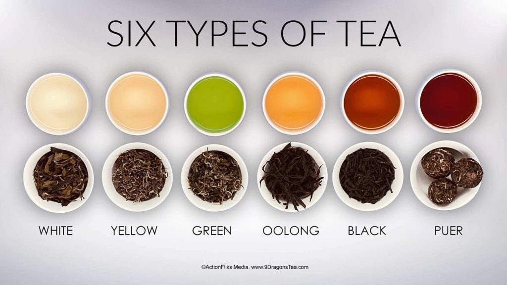 featured image blog Six Types of Tea with loose leaf tea and tea in tea cups featured image blog Six Types of Tea with loose leaf tea and tea in tea cups-white tea-yellow tea-green tea-oolong tea-black tea-pu erh tea